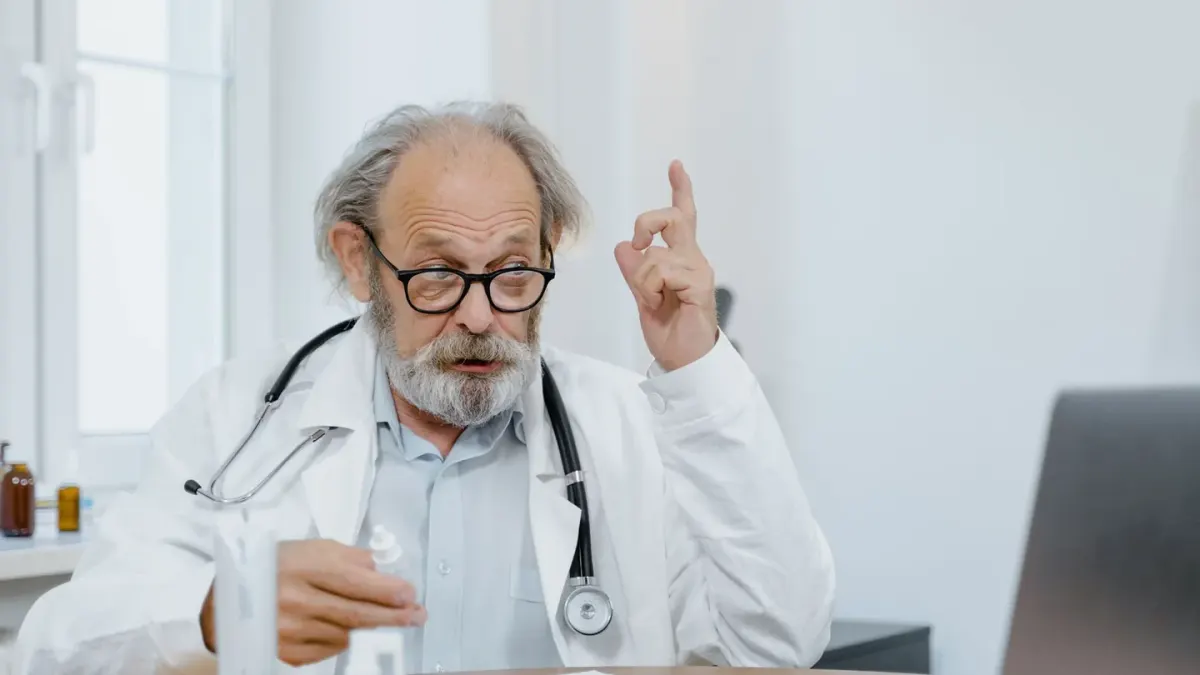A veterinarian examining a dog supplement bottle label in a clinic setting