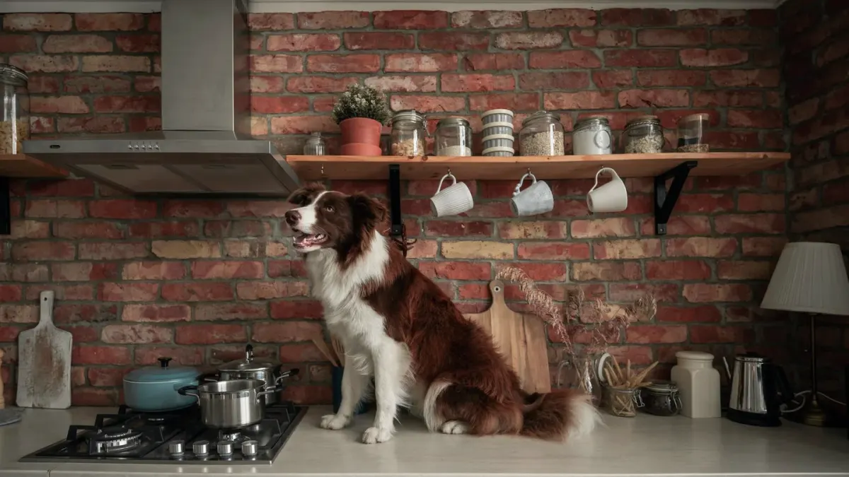 Dog eating from a bowl at home