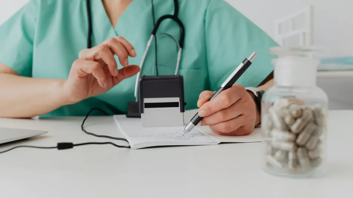 Veterinarian examining a supplement bottle label next to a dog on an exam table